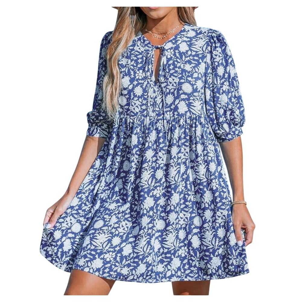 Cupshe Babydoll Dress Denim Blue with White Floral Print, Women's Size S